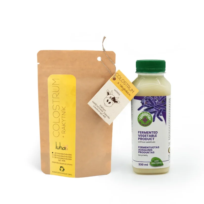 Colostrum v kapsulách 60 cps, IgG 40%, Luha + Koncentrát živých baktérií a enzýmov, 330 ml, Be Healthy, zvýhodnená cena - S extraktom: natural