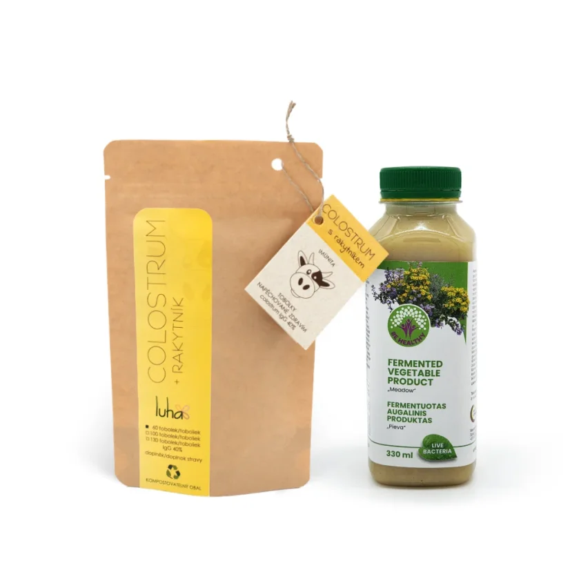 Colostrum v tobolkách 60 cps, IgG 40%, Luha + Koncentrát živých bakterií a enzymů, 330 ml, Be Healthy, zvýhodněná cena - S extraktem: s čajovými bylinkami